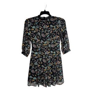 LC Lauren Conrad Dress Size 2 Black Floral Pleated High Neck Long Sleeve